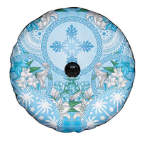Hawaii Cyan Palaka Spare Tire Cover With Tapa Pattern Tropical Flowers - Polynesian Pride