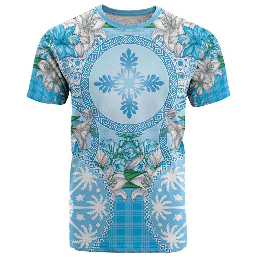 Hawaii Cyan Palaka T Shirt With Tapa Pattern Tropical Flowers - Polynesian Pride