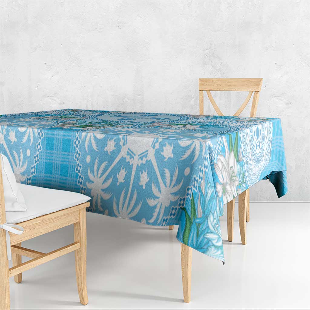 Hawaii Cyan Palaka Tablecloth With Tapa Pattern Tropical Flowers - Polynesian Pride