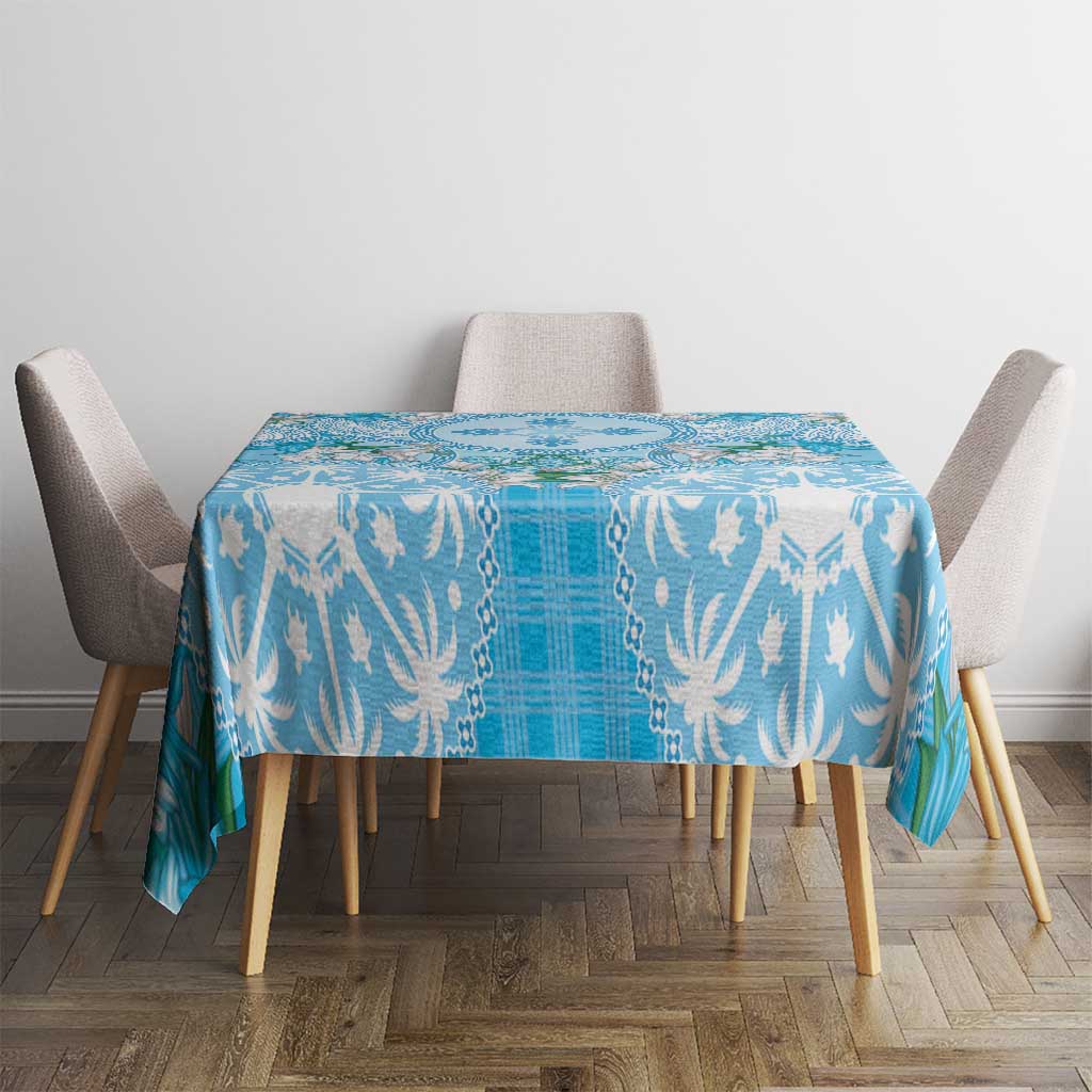Hawaii Cyan Palaka Tablecloth With Tapa Pattern Tropical Flowers - Polynesian Pride