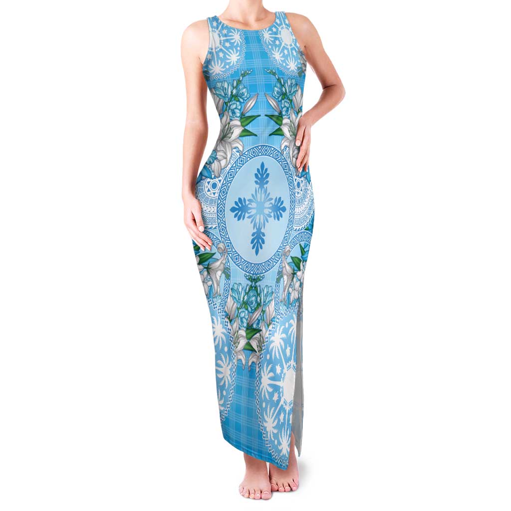 Hawaii Cyan Palaka Tank Maxi Dress With Tapa Pattern Tropical Flowers - Polynesian Pride