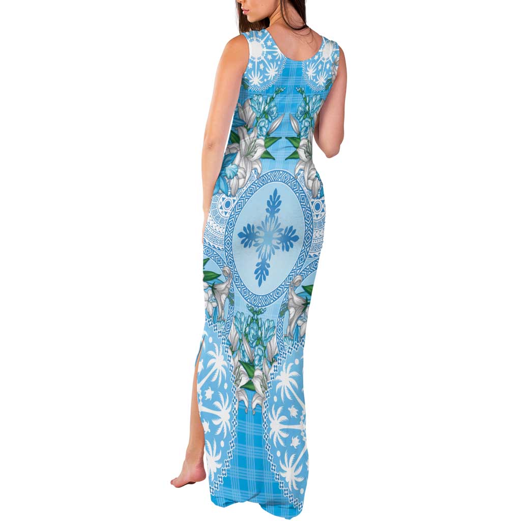 Hawaii Cyan Palaka Tank Maxi Dress With Tapa Pattern Tropical Flowers - Polynesian Pride