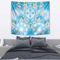 Hawaii Cyan Palaka Tapestry With Tapa Pattern Tropical Flowers - Polynesian Pride