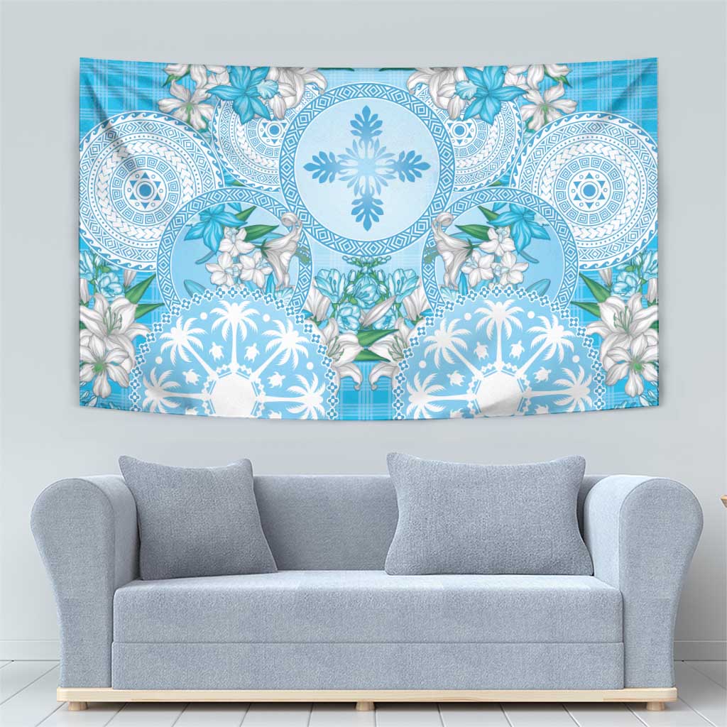 Hawaii Cyan Palaka Tapestry With Tapa Pattern Tropical Flowers - Polynesian Pride