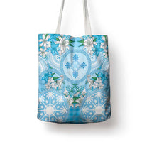 Hawaii Cyan Palaka Tote Bag With Tapa Pattern Tropical Flowers - Polynesian Pride