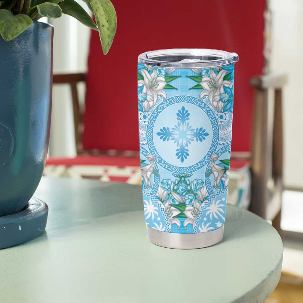 Hawaii Cyan Palaka Tumbler Cup With Tapa Pattern Tropical Flowers - Polynesian Pride