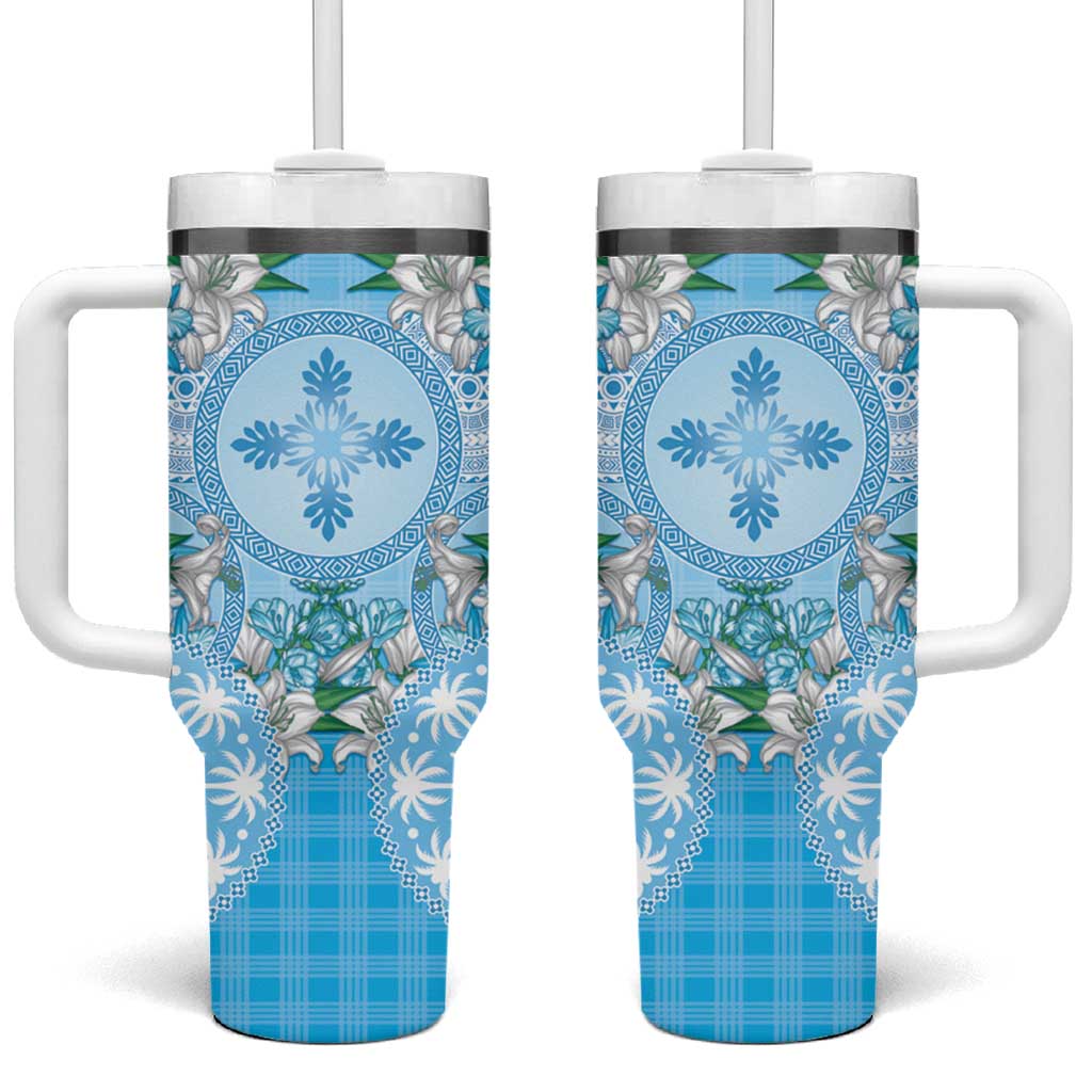 Hawaii Cyan Palaka Tumbler With Handle With Tapa Pattern Tropical Flowers - Polynesian Pride