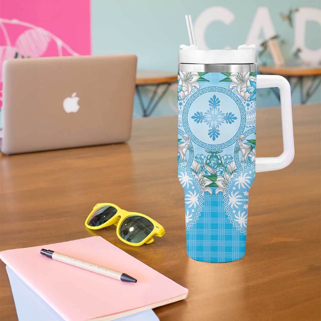 Hawaii Cyan Palaka Tumbler With Handle With Tapa Pattern Tropical Flowers - Polynesian Pride