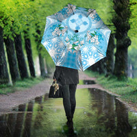 Hawaii Cyan Palaka Umbrella With Tapa Pattern Tropical Flowers - Polynesian Pride