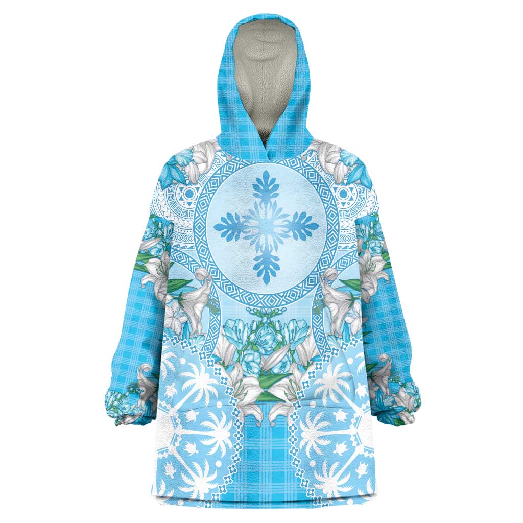 Hawaii Cyan Palaka Wearable Blanket Hoodie With Tapa Pattern Tropical Flowers LT05 One Size Cyan - Polynesian Pride
