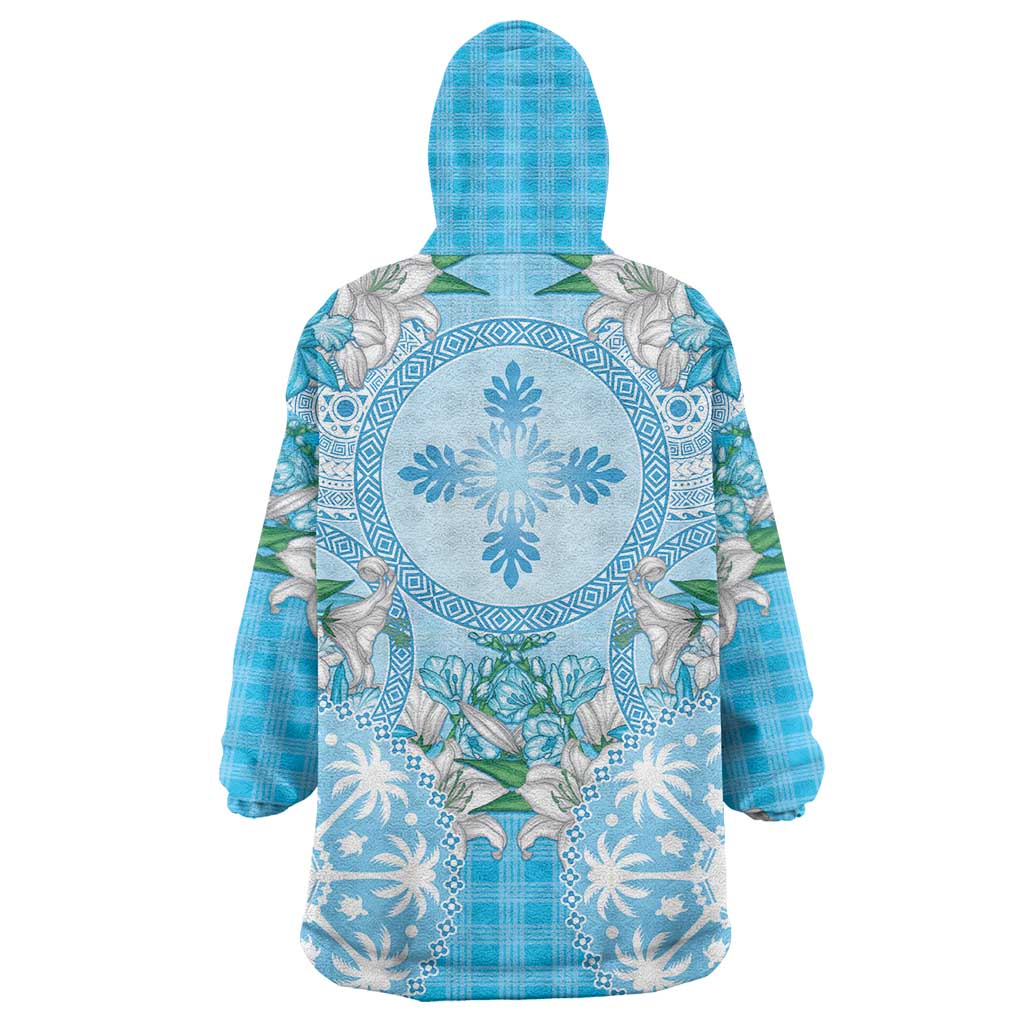 Hawaii Cyan Palaka Wearable Blanket Hoodie With Tapa Pattern Tropical Flowers LT05 - Polynesian Pride