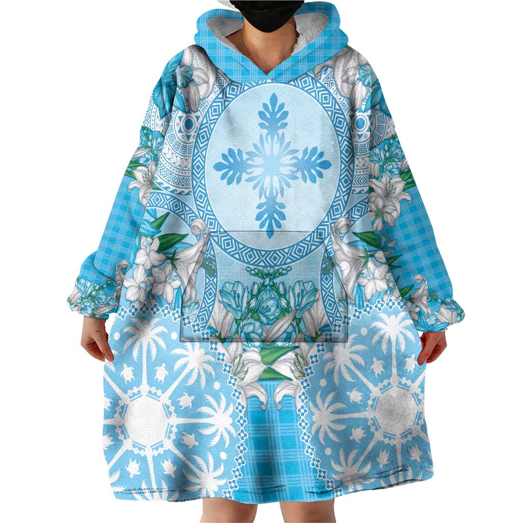 Hawaii Cyan Palaka Wearable Blanket Hoodie With Tapa Pattern Tropical Flowers LT05 - Polynesian Pride