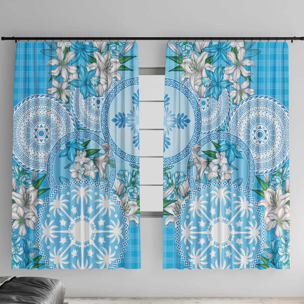 Hawaii Cyan Palaka Window Curtain With Tapa Pattern Tropical Flowers - Polynesian Pride