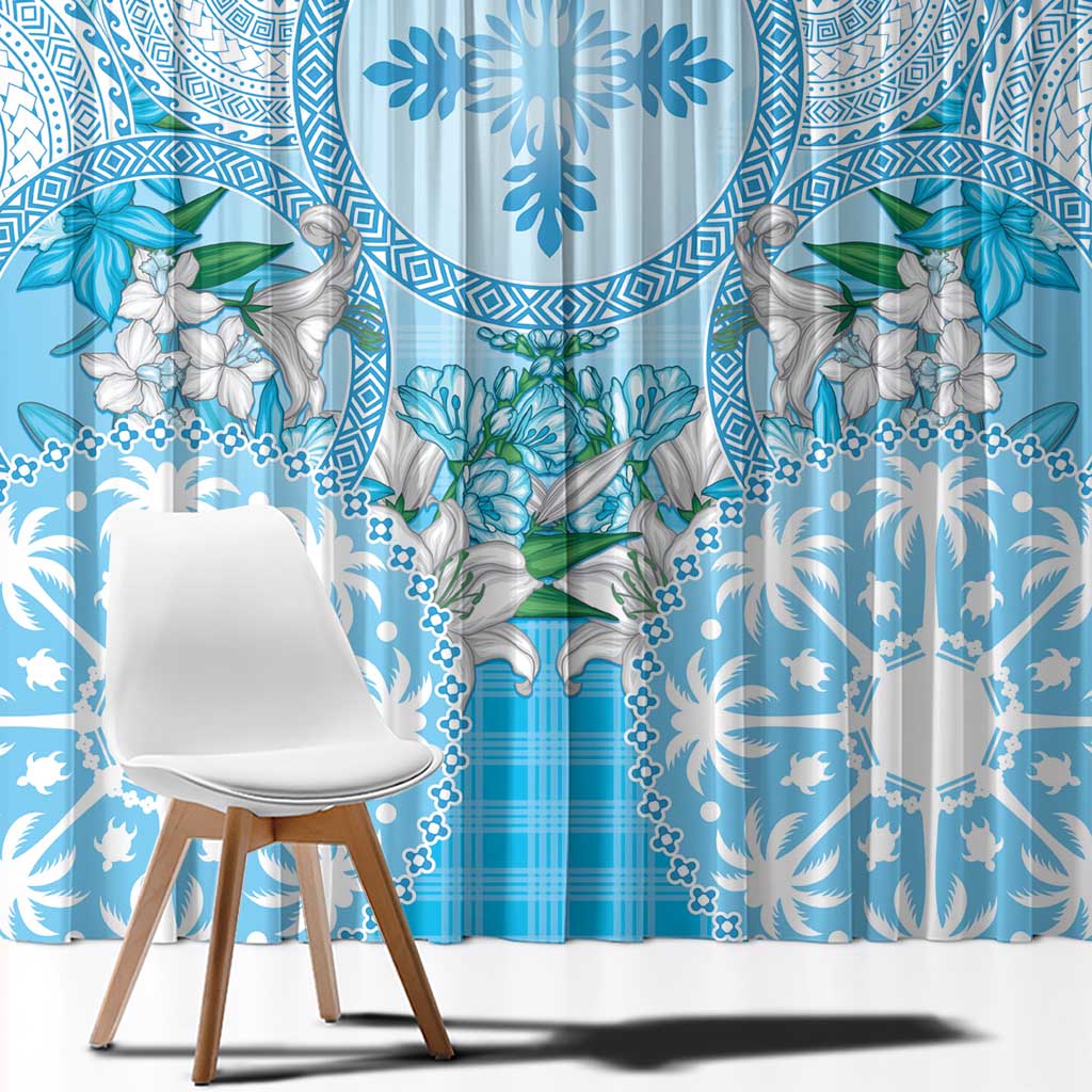Hawaii Cyan Palaka Window Curtain With Tapa Pattern Tropical Flowers - Polynesian Pride
