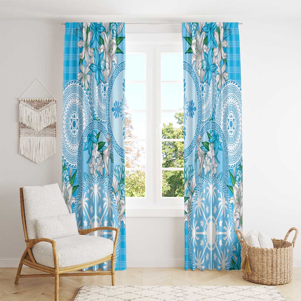 Hawaii Cyan Palaka Window Curtain With Tapa Pattern Tropical Flowers - Polynesian Pride