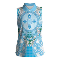 Hawaii Cyan Palaka Women Sleeveless Polo Shirt With Tapa Pattern Tropical Flowers LT05 Female Cyan - Polynesian Pride