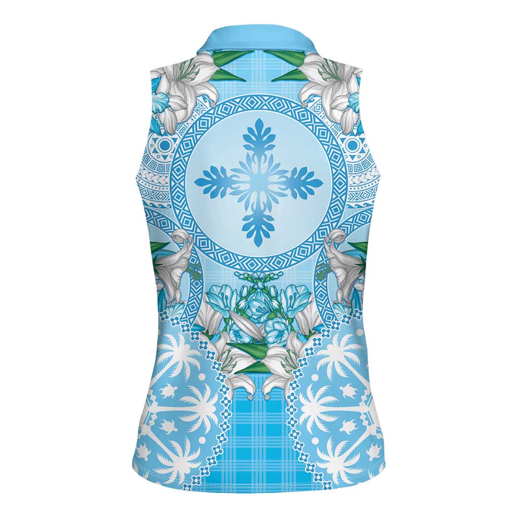 Hawaii Cyan Palaka Women Sleeveless Polo Shirt With Tapa Pattern Tropical Flowers LT05 - Polynesian Pride