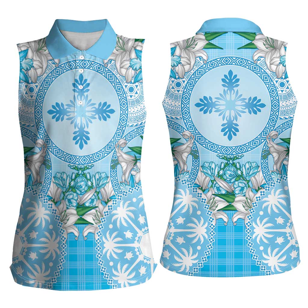 Hawaii Cyan Palaka Women Sleeveless Polo Shirt With Tapa Pattern Tropical Flowers LT05 - Polynesian Pride