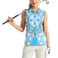 Hawaii Cyan Palaka Women Sleeveless Polo Shirt With Tapa Pattern Tropical Flowers LT05 - Polynesian Pride