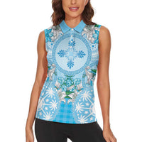 Hawaii Cyan Palaka Women Sleeveless Polo Shirt With Tapa Pattern Tropical Flowers LT05 - Polynesian Pride
