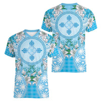 Hawaii Cyan Palaka Women V-Neck T-Shirt With Tapa Pattern Tropical Flowers - Polynesian Pride