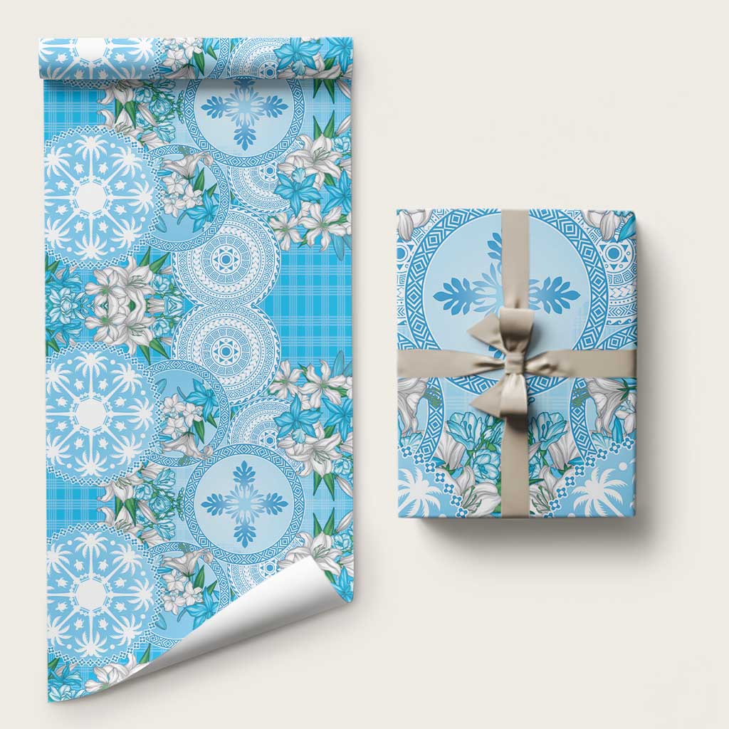 Hawaii Cyan Palaka Wrapping Paper With Tapa Pattern Tropical Flowers LT05 58" × 23" Cyan - Polynesian Pride