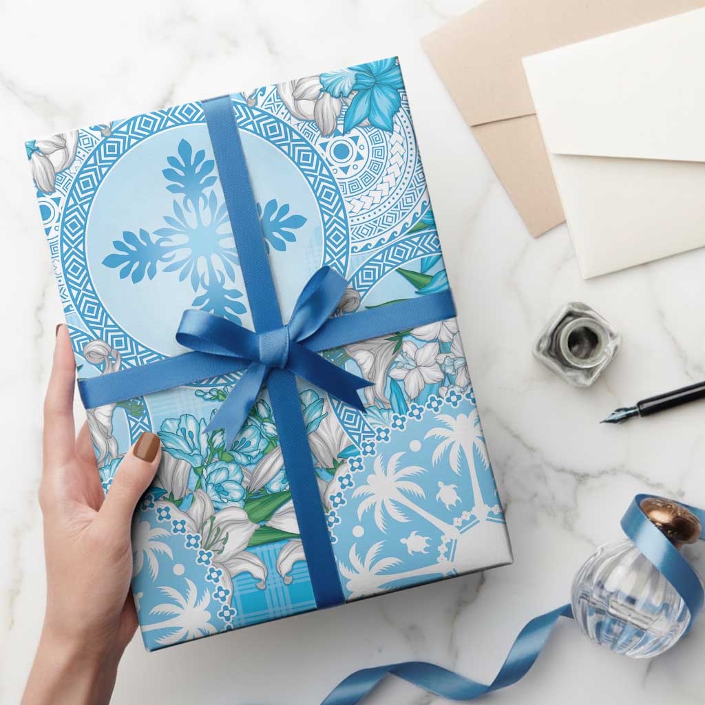 Hawaii Cyan Palaka Wrapping Paper With Tapa Pattern Tropical Flowers LT05 - Polynesian Pride