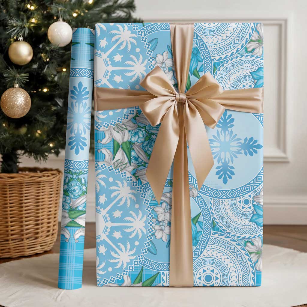 Hawaii Cyan Palaka Wrapping Paper With Tapa Pattern Tropical Flowers LT05 - Polynesian Pride