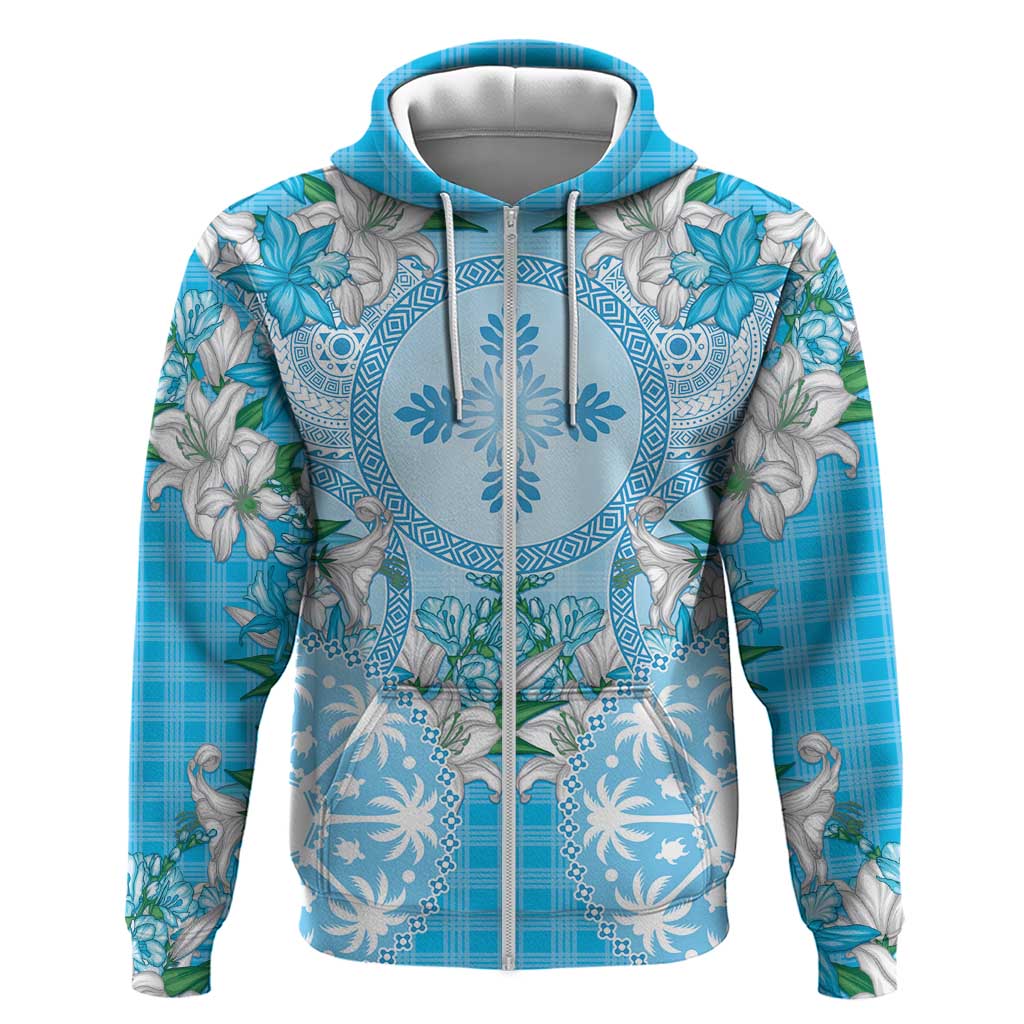 Hawaii Cyan Palaka Zip Hoodie With Tapa Pattern Tropical Flowers - Polynesian Pride