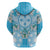 Hawaii Cyan Palaka Zip Hoodie With Tapa Pattern Tropical Flowers - Polynesian Pride