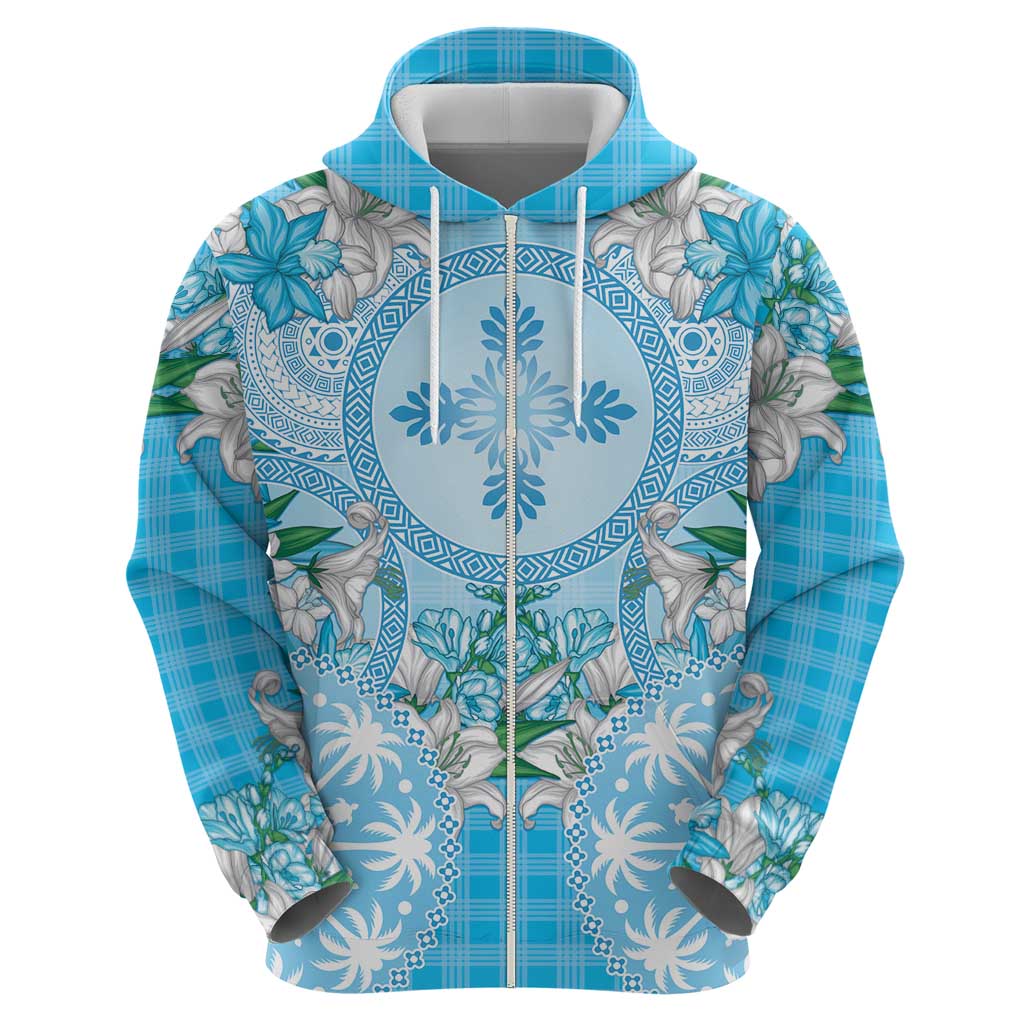 Hawaii Cyan Palaka Zip Hoodie With Tapa Pattern Tropical Flowers - Polynesian Pride