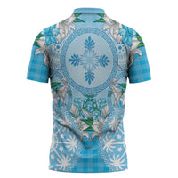 Hawaii Cyan Palaka Zipper Polo Shirt With Tapa Pattern Tropical Flowers LT05 - Polynesian Pride