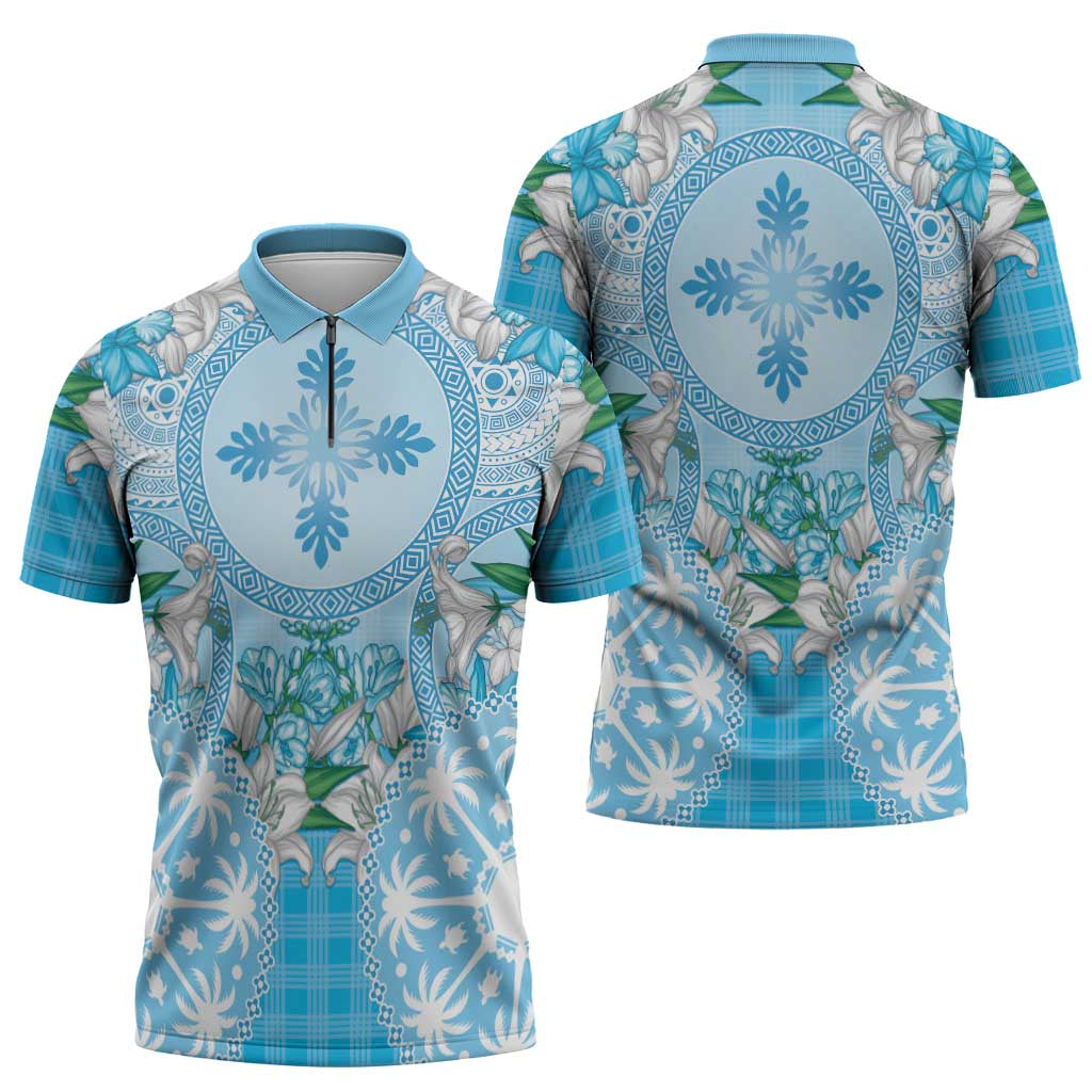 Hawaii Cyan Palaka Zipper Polo Shirt With Tapa Pattern Tropical Flowers LT05 - Polynesian Pride
