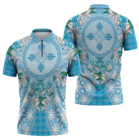 Hawaii Cyan Palaka Zipper Polo Shirt With Tapa Pattern Tropical Flowers LT05 - Polynesian Pride