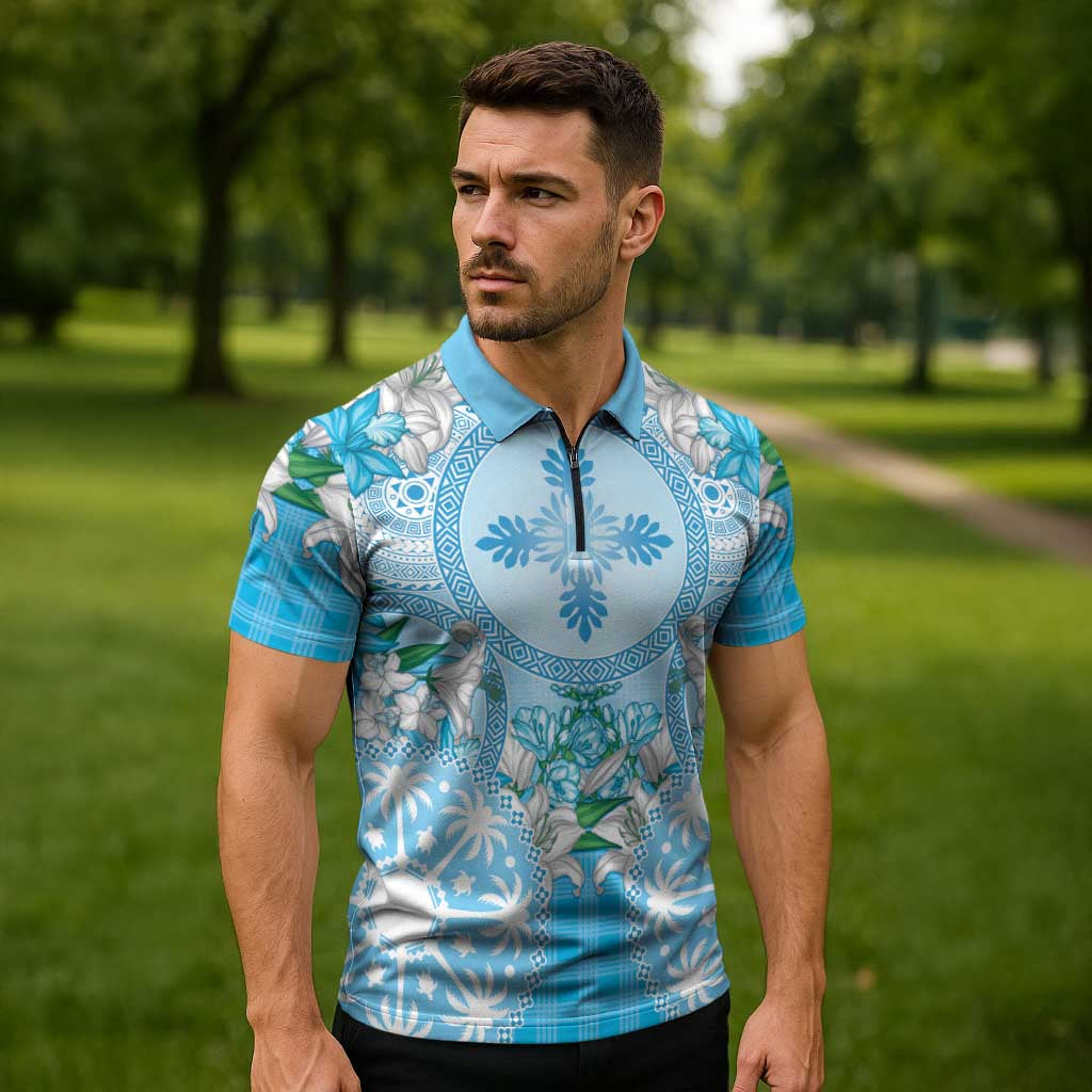Hawaii Cyan Palaka Zipper Polo Shirt With Tapa Pattern Tropical Flowers LT05 - Polynesian Pride