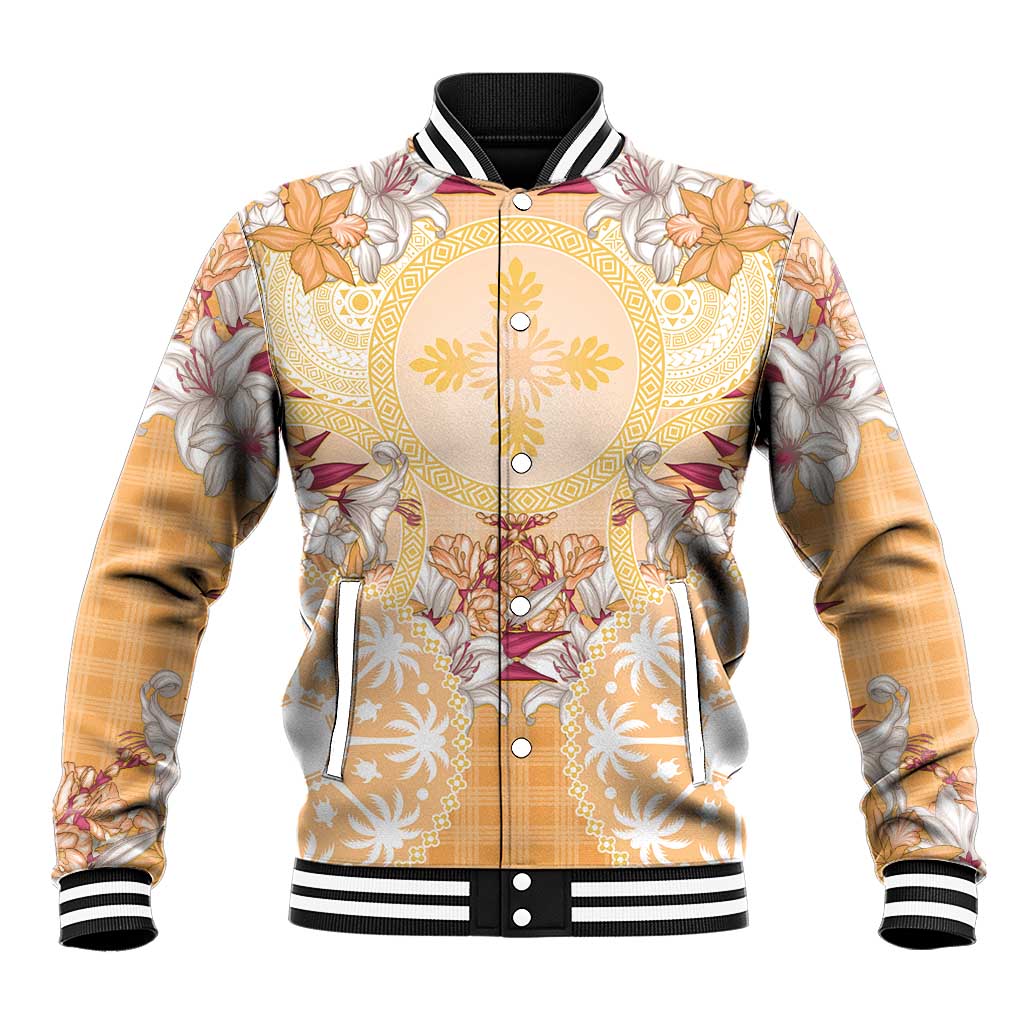 Hawaii Peach Palaka Baseball Jacket With Tapa Pattern Tropical Flowers LT05 Unisex Peach - Polynesian Pride