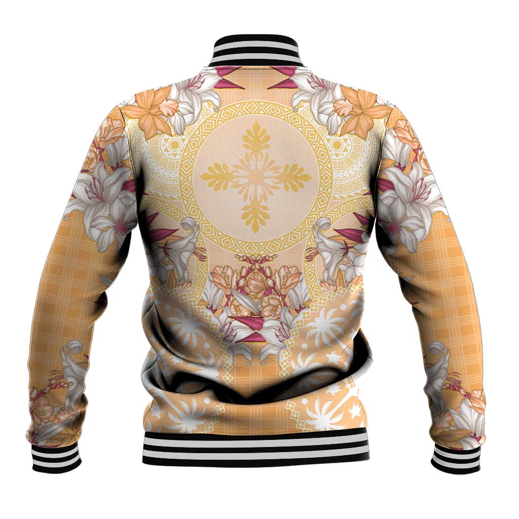 Hawaii Peach Palaka Baseball Jacket With Tapa Pattern Tropical Flowers LT05 - Polynesian Pride