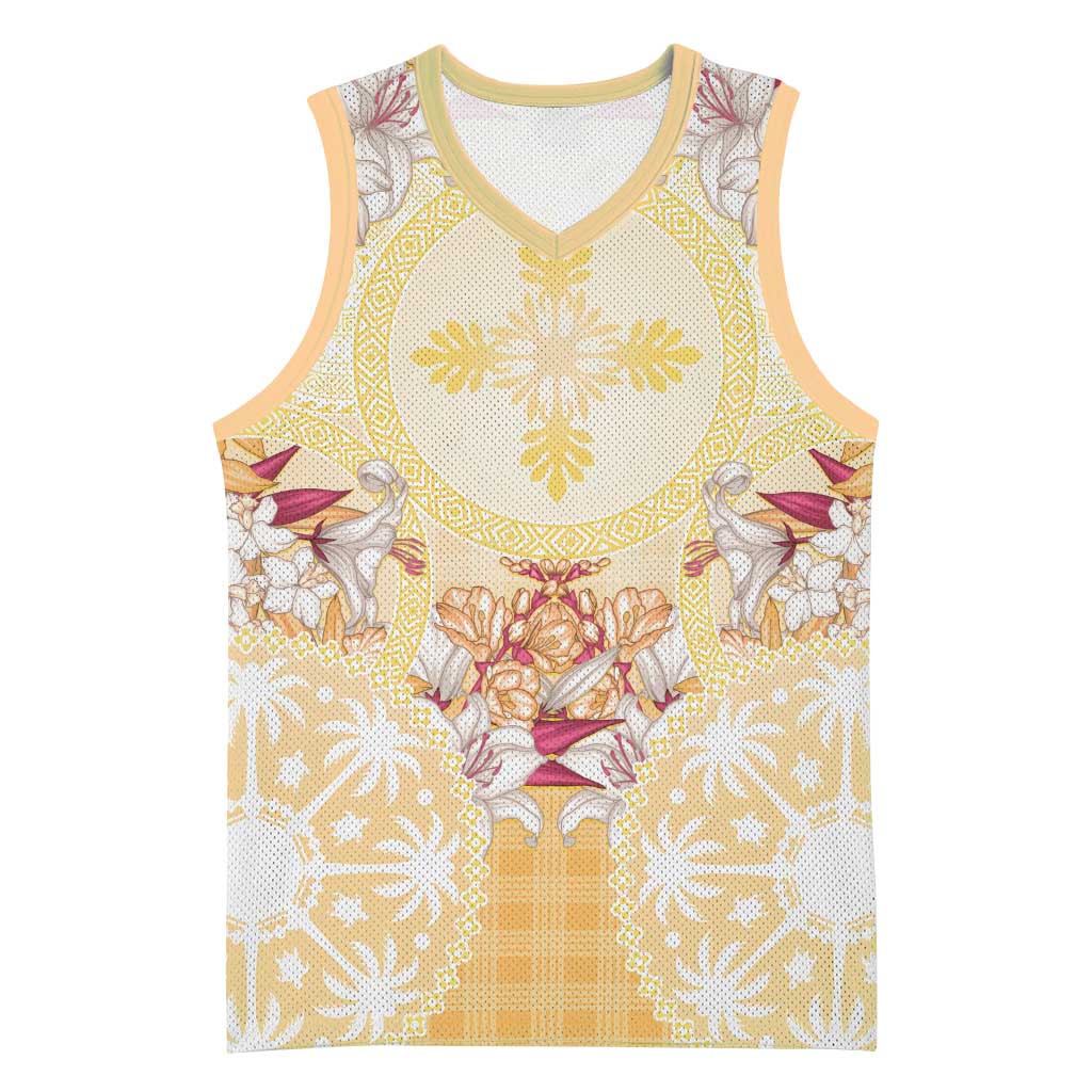 Hawaii Peach Palaka Basketball Jersey With Tapa Pattern Tropical Flowers LT05 Unisex Peach - Polynesian Pride