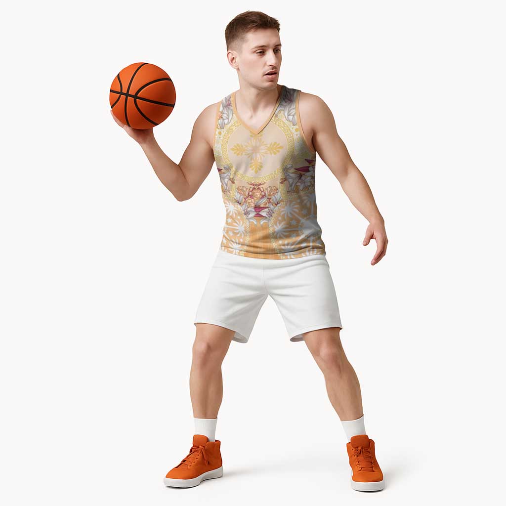 Hawaii Peach Palaka Basketball Jersey With Tapa Pattern Tropical Flowers - Polynesian Pride