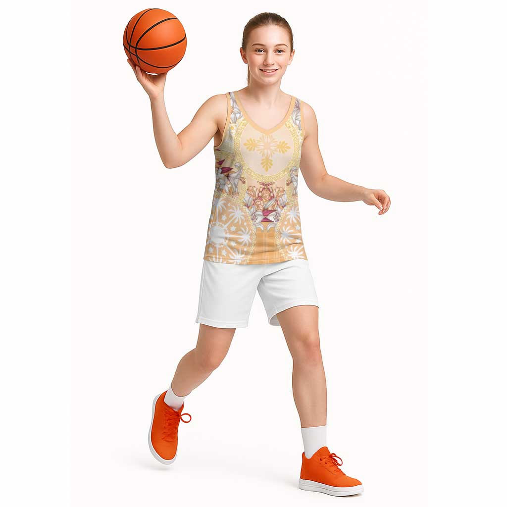Hawaii Peach Palaka Basketball Jersey With Tapa Pattern Tropical Flowers - Polynesian Pride