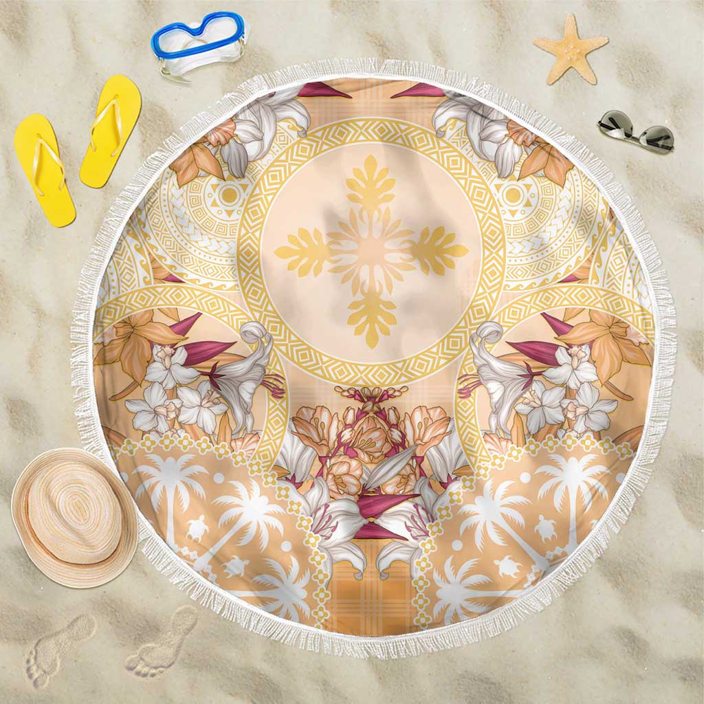 Hawaii Peach Palaka Beach Blanket With Tapa Pattern Tropical Flowers LT05 One Size 150cm Peach - Polynesian Pride