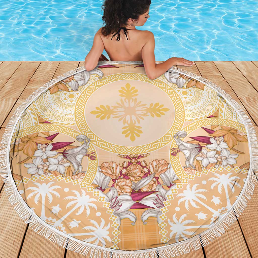 Hawaii Peach Palaka Beach Blanket With Tapa Pattern Tropical Flowers LT05 - Polynesian Pride