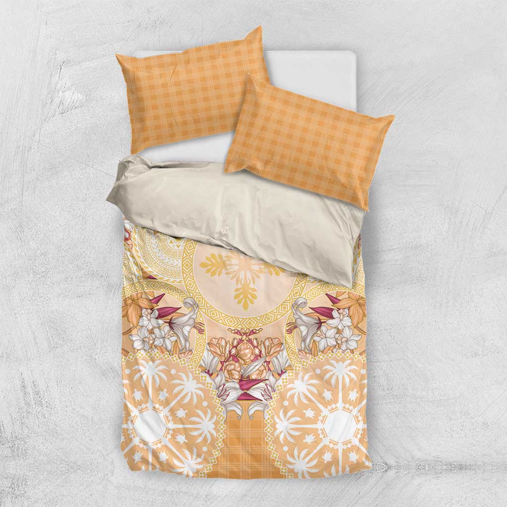 Hawaii Peach Palaka Bedding Set With Tapa Pattern Tropical Flowers - Polynesian Pride
