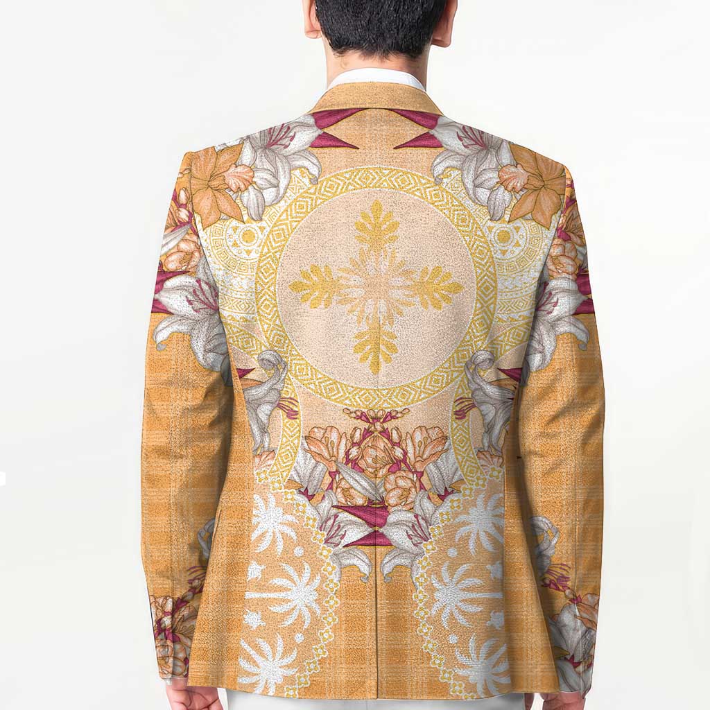 Hawaii Peach Palaka Blazer With Tapa Pattern Tropical Flowers LT05 - Polynesian Pride