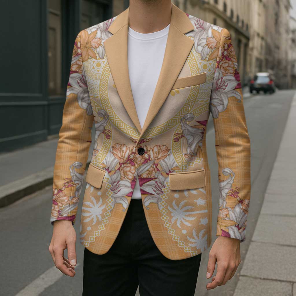 Hawaii Peach Palaka Blazer With Tapa Pattern Tropical Flowers LT05 - Polynesian Pride