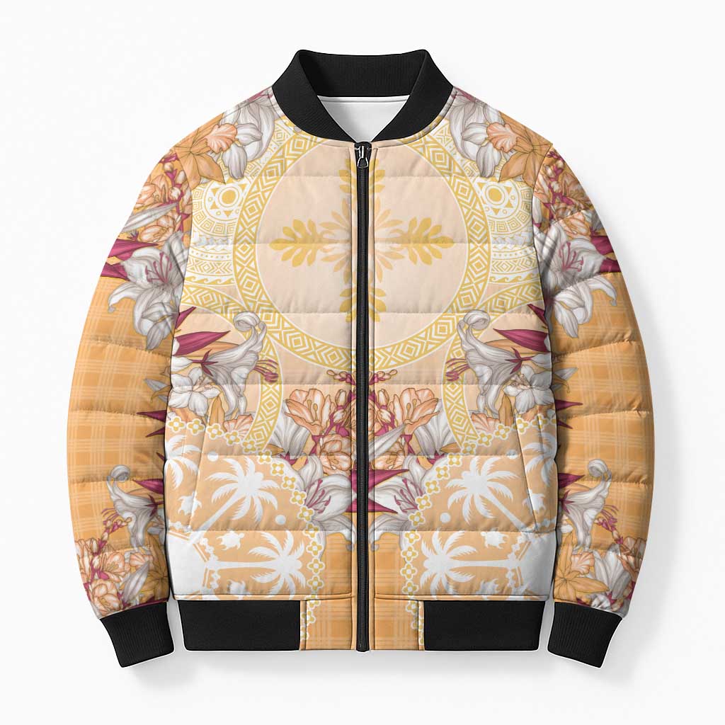 Hawaii Peach Palaka Bomber Puffer Jacket With Tapa Pattern Tropical Flowers LT05 Unisex Peach - Polynesian Pride