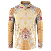 Hawaii Peach Palaka Button Sweatshirt With Tapa Pattern Tropical Flowers LT05 Peach - Polynesian Pride