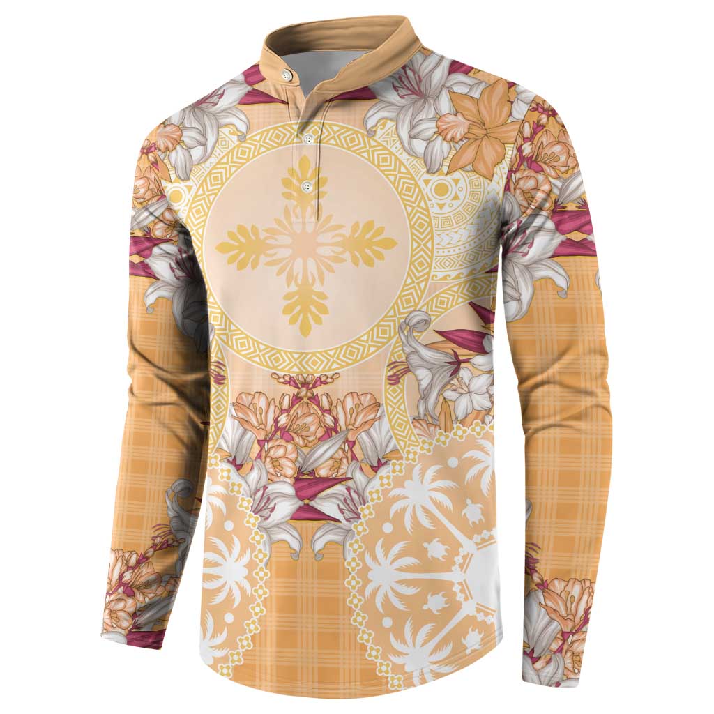 Hawaii Peach Palaka Button Sweatshirt With Tapa Pattern Tropical Flowers LT05 - Polynesian Pride