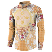 Hawaii Peach Palaka Button Sweatshirt With Tapa Pattern Tropical Flowers LT05 - Polynesian Pride