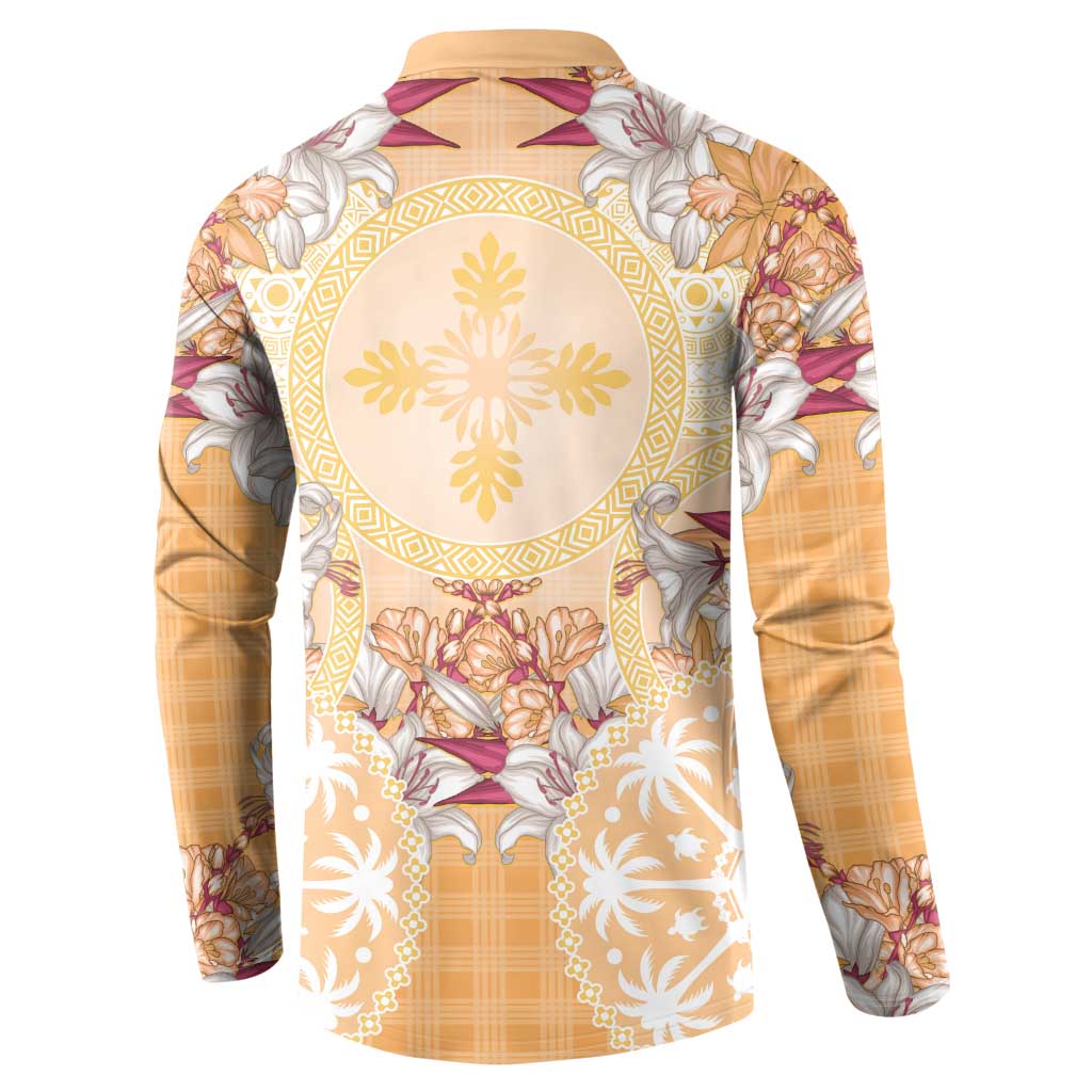 Hawaii Peach Palaka Button Sweatshirt With Tapa Pattern Tropical Flowers LT05 - Polynesian Pride